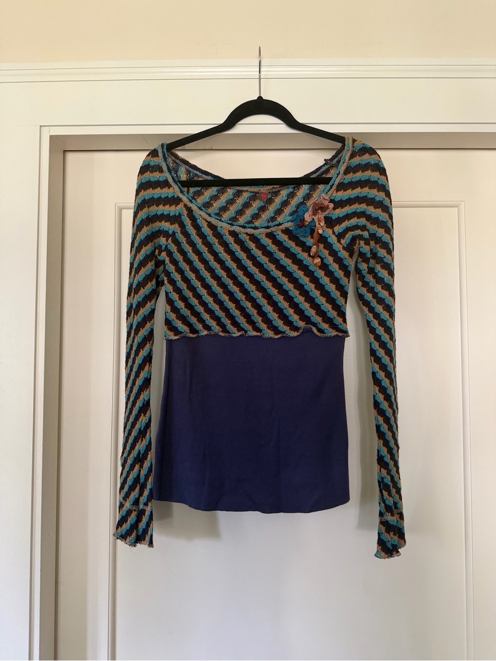 Anthropologie Blue/Brown Diagonal Stripe Crochet Knit Top, L (NWT) — Runs Small